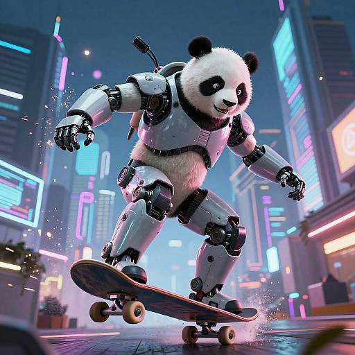 CGI image of a robotic panda skateboarding in a neon-lit, futuristic city street, with glowing signs and dynamic lighting effects.