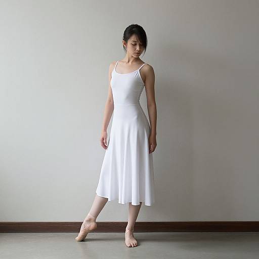 Photograph of an Asian woman with short black hair, wearing a white, sleeveless, knee-length dress, standing barefoot in a minimalist room.