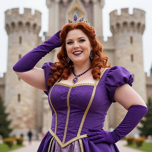 Photograph of a smiling, fair-skinned woman with red curly hair, wearing a purple and gold tiara, dress, and gloves, standing in