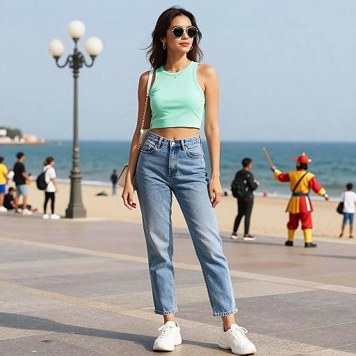 Svelte Woman in Casual Seafront Style