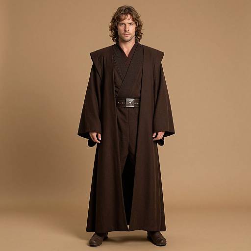 Photograph of a man with curly brown hair, wearing a black Jedi robe with wide sleeves and a belt, standing against a plain beige background.