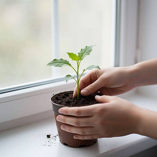 Photograph of a pair of hands gently planting a small green leafy seedling in a brown pot with dark soil, placed on a white windowsill