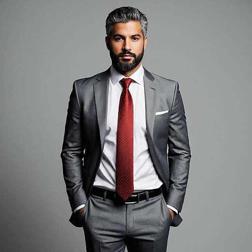 Confident Man in Grey Suit with Red Tie