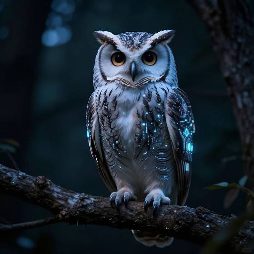 Photograph of a glowing, detailed owl with iridescent blue feathers perched on a dark, textured branch in a dimly lit forest.