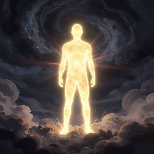 Digital artwork of a glowing, ethereal, nude human figure standing amidst dark, swirling clouds with rain, radiating intense light.