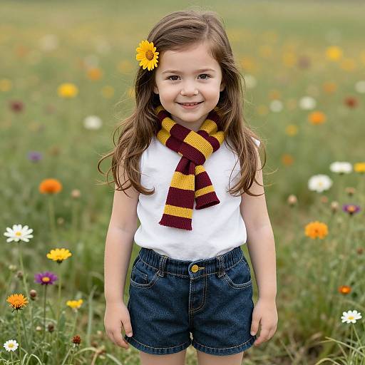 Photograph of a smiling young girl with long brown hair, yellow flower in hair, white shirt, striped brown and yellow scarf, denim shorts, standing