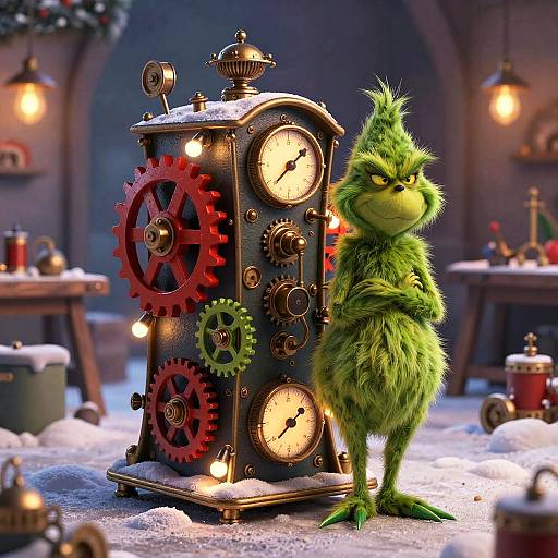 Photorealistic CGI of a green, furry, grumpy-looking creature standing beside a steampunk clock with red and green gears, set in a