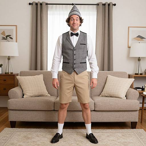 Photograph of a man in a gray vest, beige shorts, white shirt, black bowtie, and patterned hat, standing in a living room