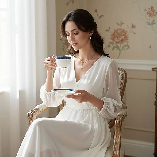 Photograph of a serene woman with long, dark hair in a white, V-neck dress, holding a blue-rimmed white mug, sitting in
