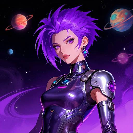 Digital artwork of a purple-haired, purple-eyed woman in a shiny black, armored suit with blue accents, set against a cosmic background with colorful planets.