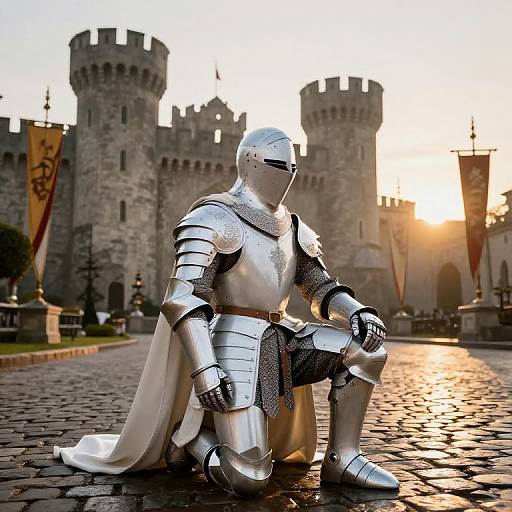 Photorealistic CGI of a silver-armored knight kneeling on a cobblestone courtyard at sunset, with a medieval castle and banners in the background.