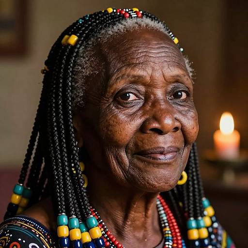 Photograph of an elderly African woman with dark skin, braided hair adorned with colorful beads, wearing a patterned top, smiling softly, candlelit