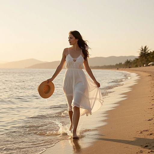 Photograph of a woman with long dark hair, wearing a white sundress and holding a straw hat, walking along a sunlit beach at sunset,