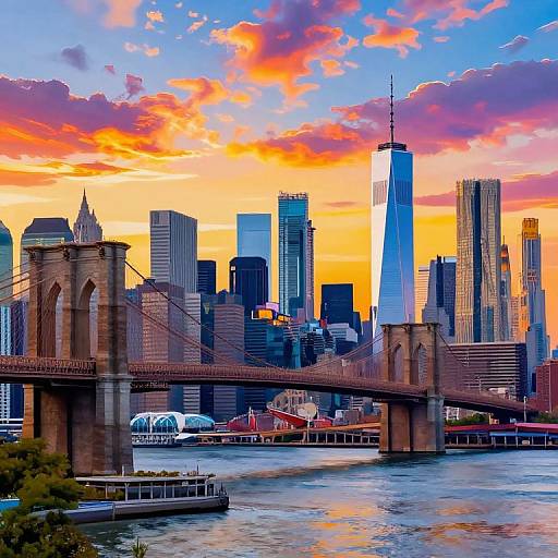 Vibrant photograph of New York City skyline at sunset, featuring the Brooklyn Bridge, One World Trade Center, and colorful sky with orange and blue hues