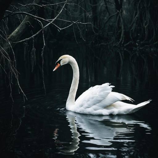 Elegant White Swan on Dark Enchanted Lake