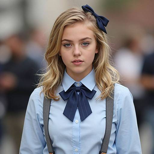 Photograph of a young blonde woman with wavy hair, wearing a light blue dress shirt, black bow tie, grey suspenders, and black ribbon