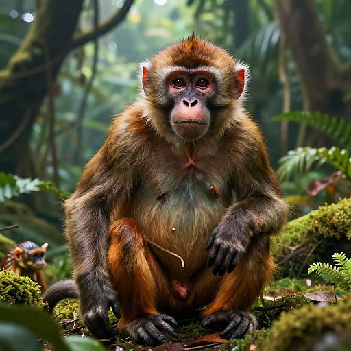 Photorealistic digital artwork of a brown-furred, serious-looking monkey with visible testicles, sitting on mossy forest floor, surrounded by lush green