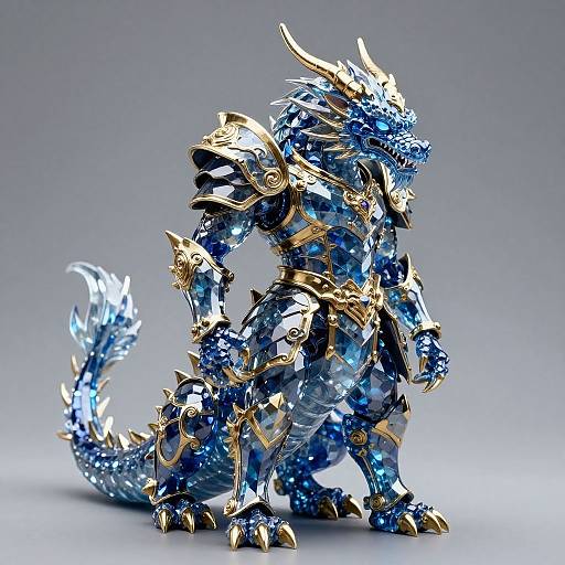 Photorealistic CGI dragon in elaborate blue and gold armor, standing with a fierce posture, featuring sharp claws, horns, and a spiked tail.