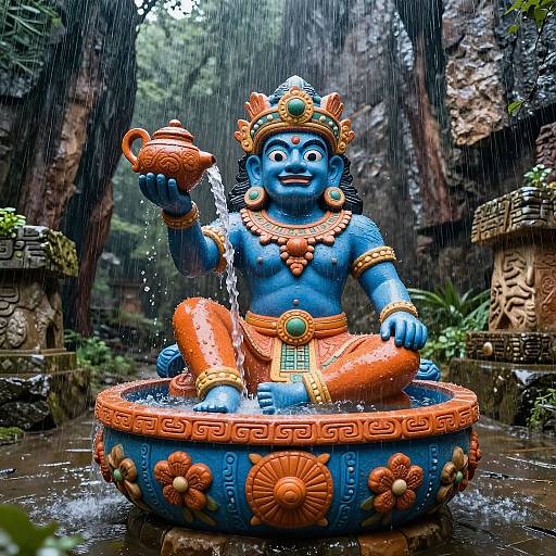 Vibrant Tlaloc Statue with Mystical Basin