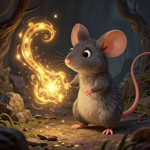 CGI fantasy image of a cute, gray mouse with large pink ears, holding a swirling, magical orange flame in a dark, enchanted forest.