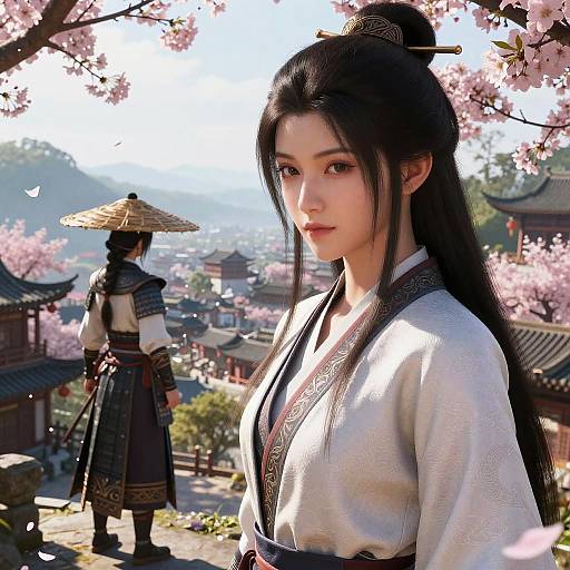 Photorealistic Asian Woman in Traditional Outfit with Cherry Blossoms