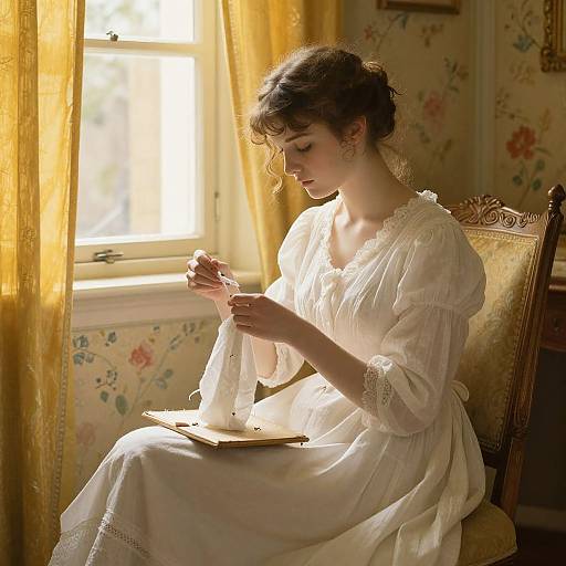 Photograph of a pensive young woman in a white, lace-trimmed dress, sitting by a sunlit window, delicately mending lace