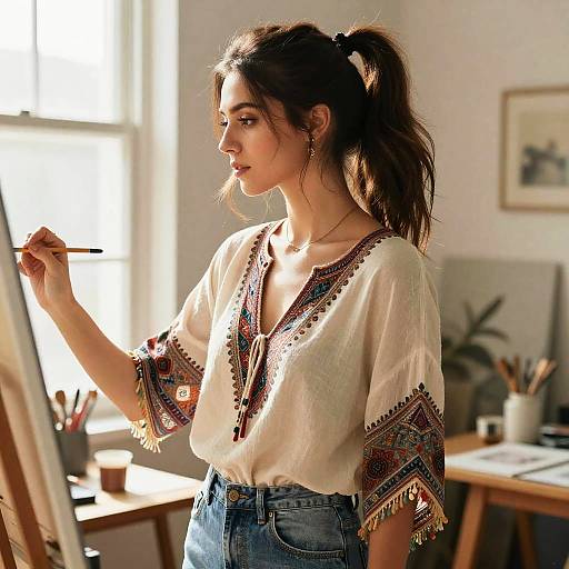 Woman Painting in Bohemian Blouse