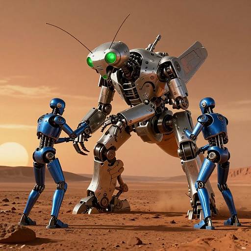 Photograph of two blue robot warriors facing a large, silver insectoid robot with green eyes in a desert sunset.
