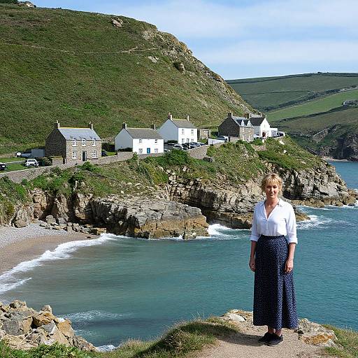 Photograph of a smiling blonde woman in white shirt and navy skirt standing on rocky cliff, overlooking coastal village with white cottages, green hills, and