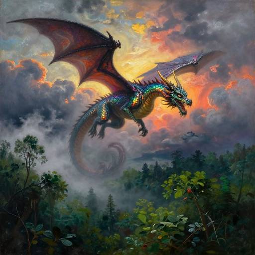Vibrant digital painting of a majestic, iridescent dragon with glowing scales, large wings, and sharp claws soaring above a misty forest during