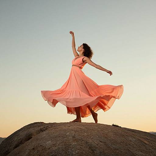 Photograph of a woman with curly dark hair in a flowing, peach-colored dress, standing on a rock, arms raised against a sunset sky.