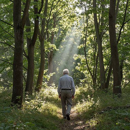 Photograph of an elderly man with white hair and a gray shirt and pants walking away on a sunlit forest path, surrounded by tall trees and green