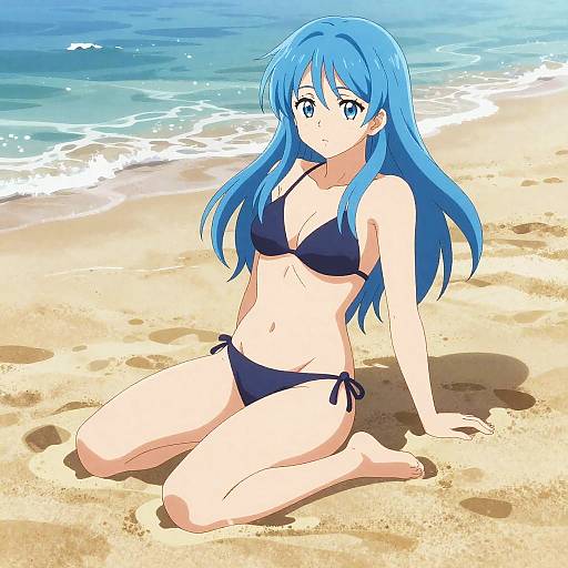 Anime-style digital drawing of a blue-haired girl with blue eyes, wearing a black bikini, kneeling on a sunny beach with gentle waves in the background.