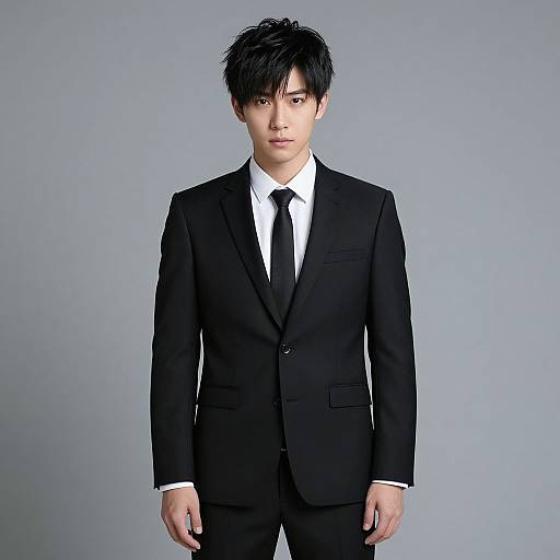 Photograph of an Asian man with short, messy black hair, wearing a black suit, white shirt, and black tie, standing against a plain gray