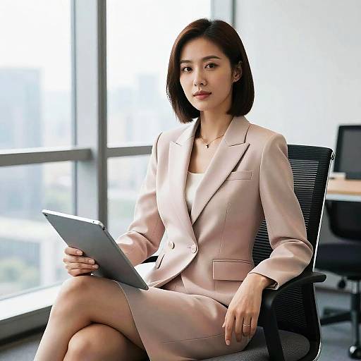 Confident Asian Businesswoman with Tablet in Office