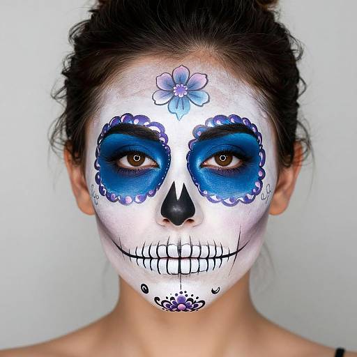 Photograph of a woman with white face paint, blue eye makeup, black nose, and floral patterns, wearing a Day of the Dead sugar skull mask