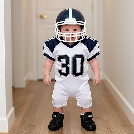 Photograph of a toddler in a white and navy football uniform, helmet, and black cleats, standing in a narrow white hallway with wooden floors.