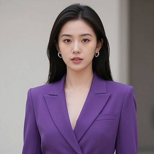 Photograph of an Asian woman with long black hair, wearing a vibrant purple blazer, silver hoop earrings, and a neutral expression, against a light