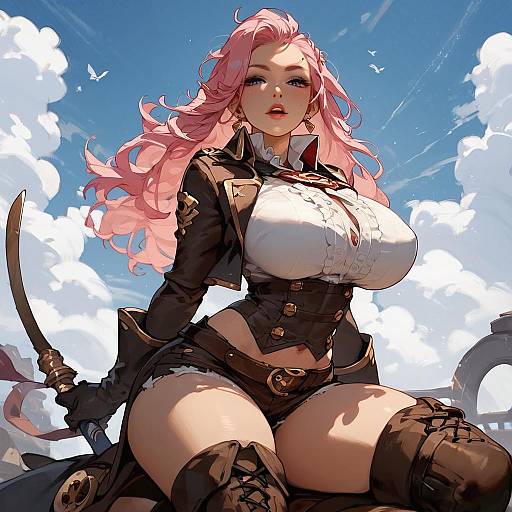 Busty Pink-Haired Pirate Captain Full Body
