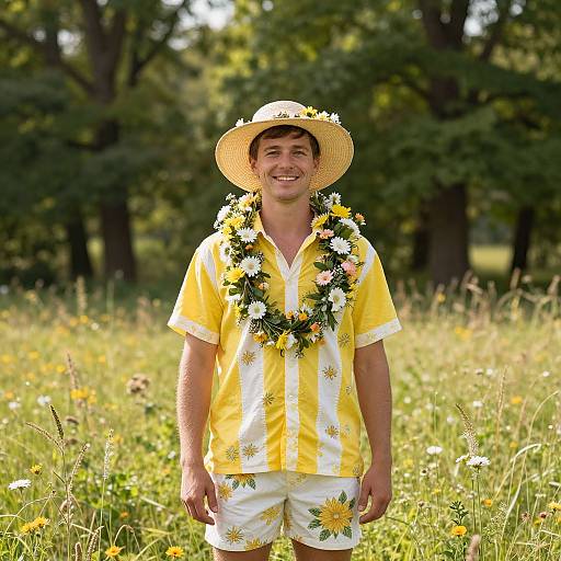 Cheerful Man in Floral Meadow Scene