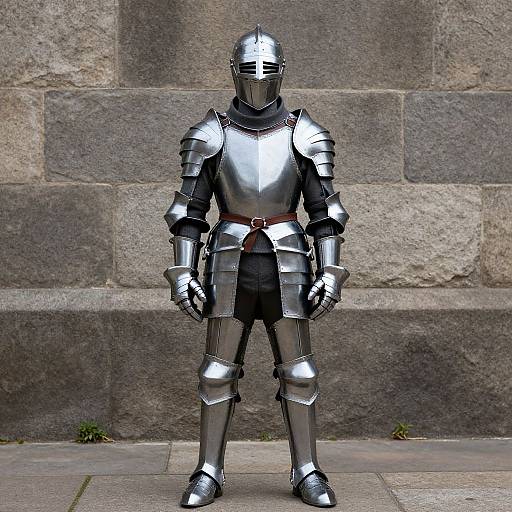 Photograph of a person in full shiny silver medieval knight armor with a helmet, standing against a textured stone wall.