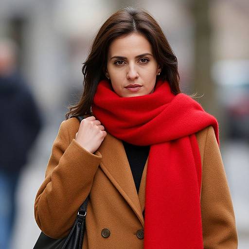 Photograph of a serious, dark-haired woman in a brown coat and vibrant red scarf, standing in a blurred urban street background.