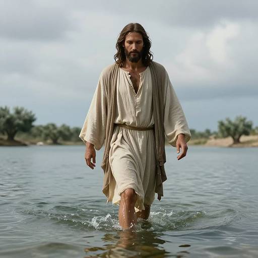 Photograph of Jesus with long brown hair, beard, wearing a beige tunic, walking through shallow water towards the camera in a serene, cloudy landscape