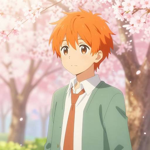 Anime-style digital drawing of a boy with orange hair, wearing a green blazer, white shirt, and red tie, standing under cherry blossoms.