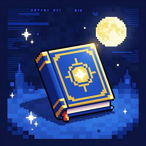 Pixel art of a glowing blue book with gold trim, open in space, under a bright yellow moon, surrounded by stars. Date 