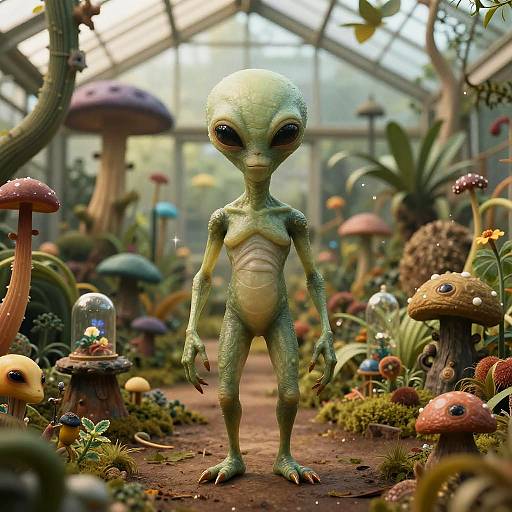 Alien Botanist in Lush Greenhouse