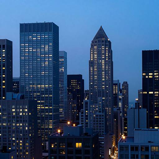 Photograph of a city skyline at dusk, featuring tall, illuminated skyscrapers with blue-tinted windows against a darkening blue sky.