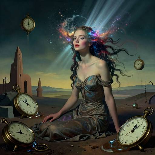 Digital art: Ethereal woman with flowing, multicolored hair, wearing a strapless, dark dress, sits amid floating clocks, with a surreal