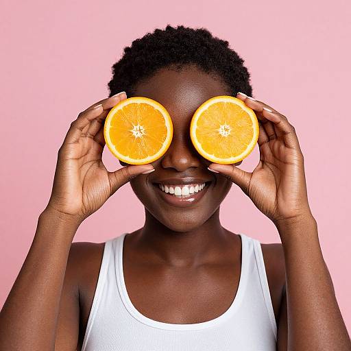 Photograph of a smiling dark-skinned woman with short curly hair, wearing a white tank top, holding two orange slices over her eyes against a pink