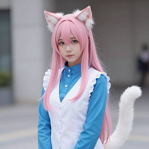 Photograph of an Asian woman with long pink hair, cat ears, and tail, wearing a blue shirt and white maid apron, standing outdoors.